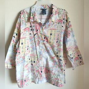 Koret Womens Pastel European City Novelty Print Button Up Blouse Size 18W